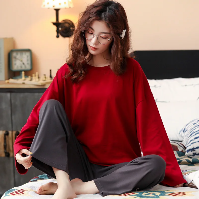 

Пижамы, осенне-зимняя хлопковая одежда для сна, простой однотонный комплект цветная Пижама для женщин, повседневный домашний костюм с длинн...