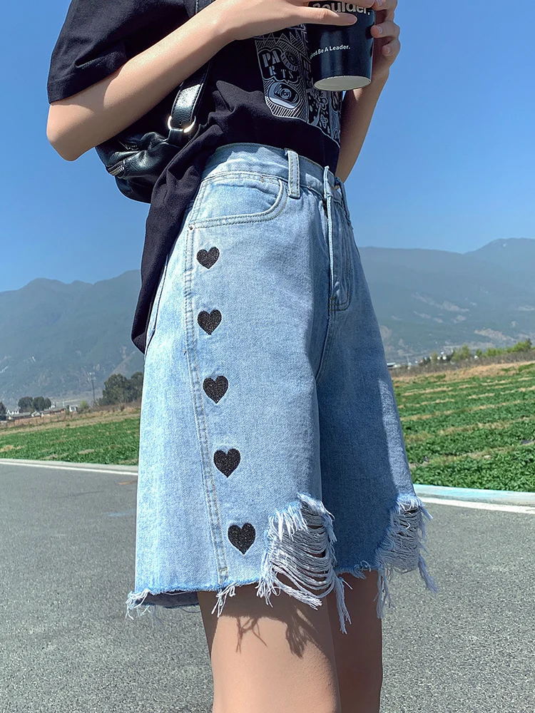 

Holed denim shorts women's summer thin high waist 2021 new loose thin love straight pants