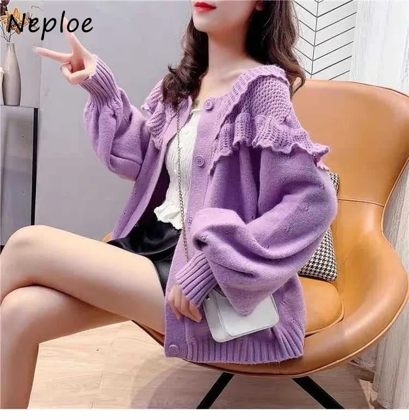 Женский вязаный кардиган Neploe свитер с рукавами-фонариками и круглым вырезом