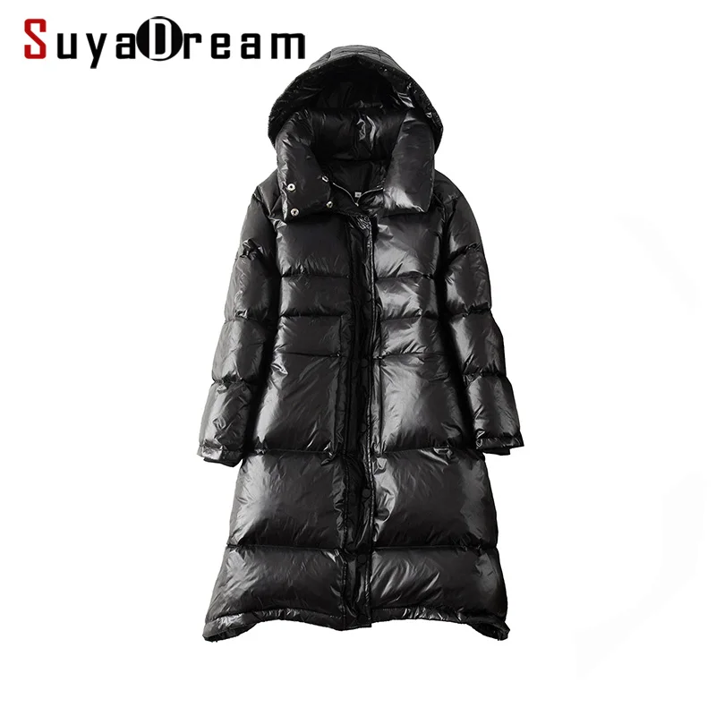 SuyaDream женские черные пуховые пальто с капюшоном Стеганые Длинные теплые парки 70% белая утка наполнитель зимняя длинная верхняя одежда