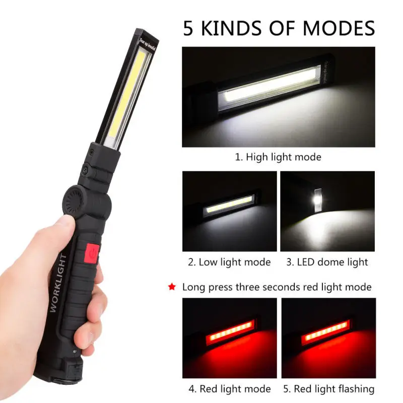

360Degree Rotation USB Rechargeable COB+LED Emergency Worklight with Magnetic Tail Flashlight