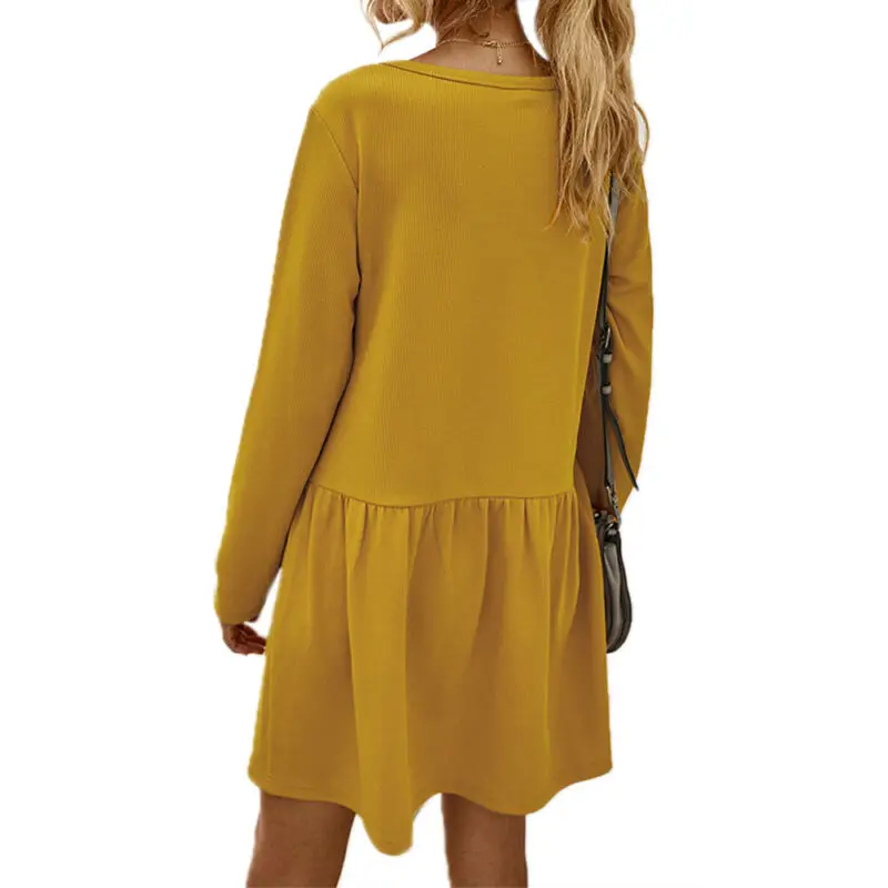 

Women Plain Long Sleeve V Neck Mini Dress Casual T-Shirt Swing Dress Autumn