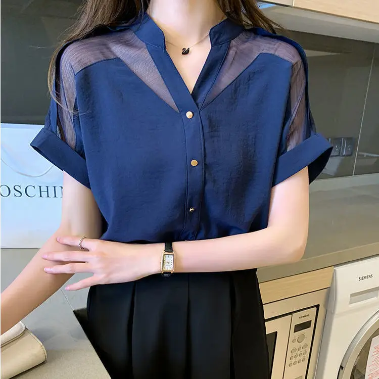 

Women Retro Chic Chiffon Blouse Summer Fashion Korean Ladies V-neck Short Sleeve Blusas Female Solid Color Loose Shirt Tops Q400