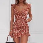 Женское платье на бретелях-спагетти, пикантное облегающее пляжное мини-платье с цветочным принтом, с оборками и V-образным вырезом, с коротким рукавом, 40 #, на лето