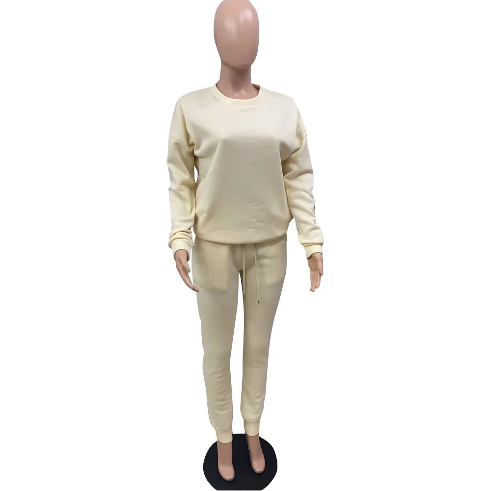 

2021 New Fashion Casual Minimalist Solid Two Piece Sets Crew Neck Full Sleeve Loose Tops And Ankle-Length Pockets Regular Pants