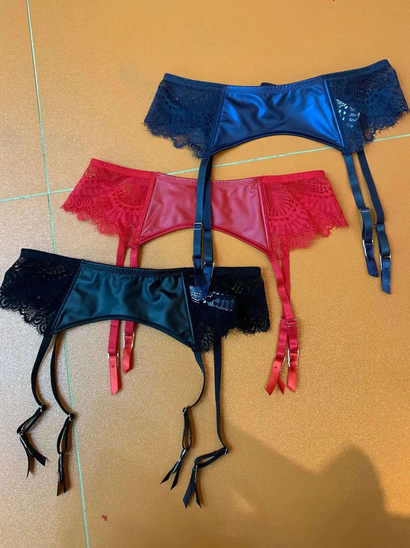 Glossy Pu leather sexy gathered lingerie sets steel ring motorcycle underwear ladies plus size push up bra panty garter set