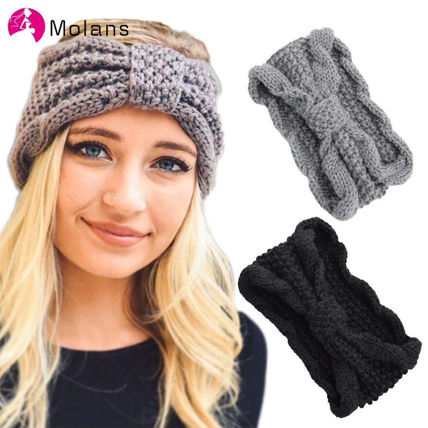 Широкая Повязка На Голову Molans с бантом Женская однотонная зимняя вязаная крючком