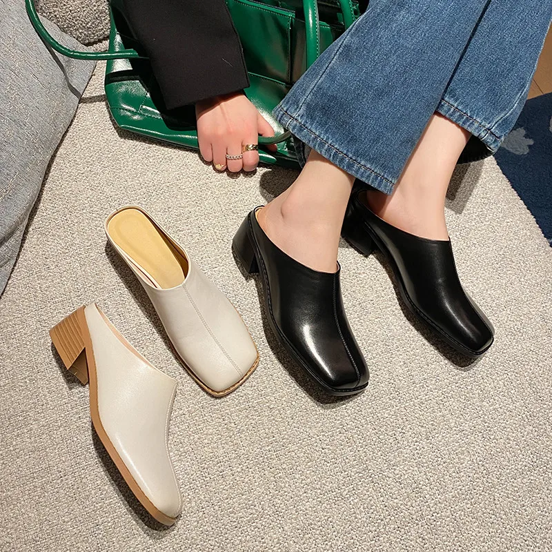 

MORAZORA 2021 Genuine Leather Women Shoes Casual Ladies Slippers Comfortable Med Heels Square Roe Single Shoes Summer Shoes