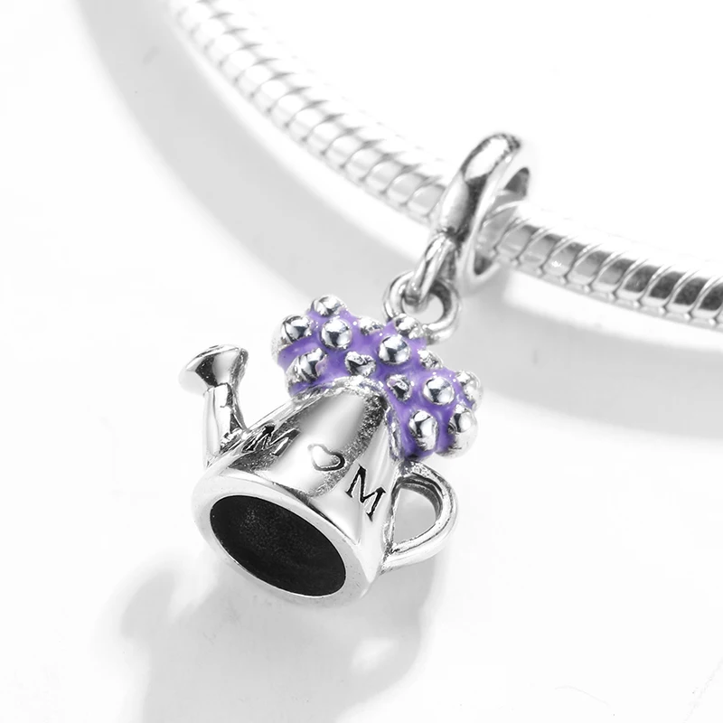 Лейка цветы горшок фиолетовая эмаль семья мама серебряные бусины 925 пробы