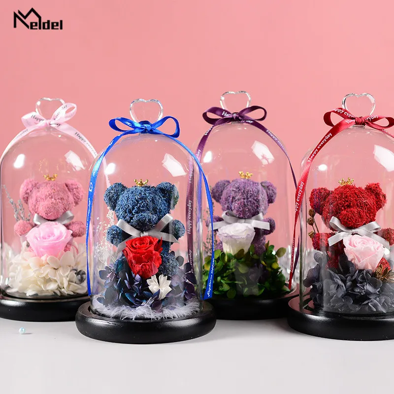 

Preserved Rose Bear in Glass for Valentine's Day Gift Immortal Rose In Glass Dome Eternal Real Rose in Glass Mother's Day Gifts