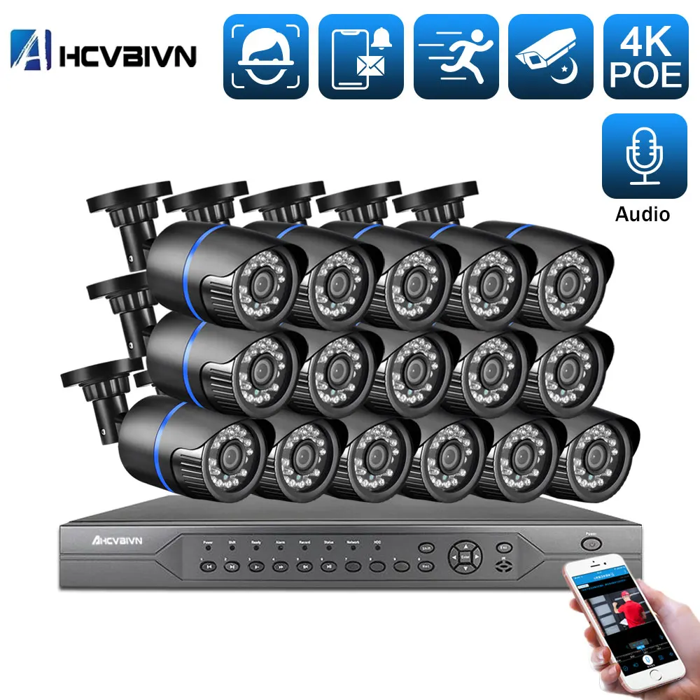 

AHCVBIVN 4K 16CH 5MP H.265 + система аудио POE CCTV безопасности NVR Kit наружная водонепроницаемая IP-камера 5MP комплект видеонаблюдения