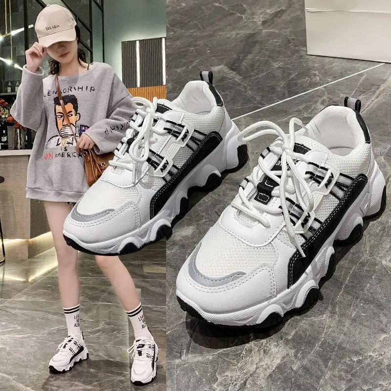 

Mesh PU Sneaker Women Breathable Color Matching Lace-up Casual Shoes Female Platform Cozy Sneakers All-match Zapatillas De Mujer