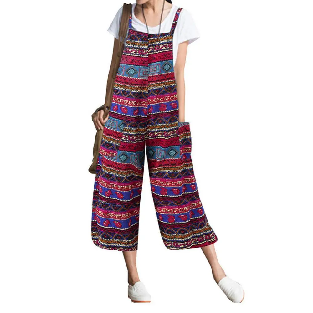 

Women Retro Sleeveless Printed Pockets Bib Overall Jumpsuit Wide Leg Capri Pants