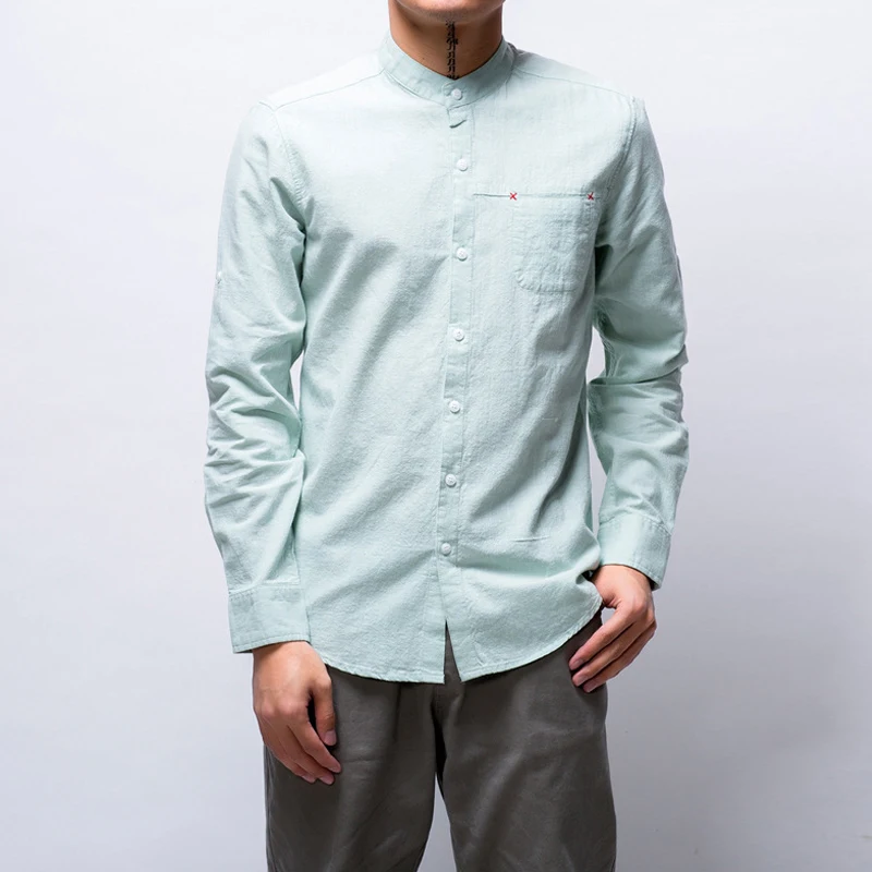 Льняная рубашка с воротником-стойкой длинным рукавом | Мужская одежда