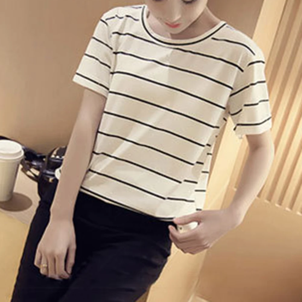 Модная Летняя женская Свободная полосатая Повседневная футболка с круглым