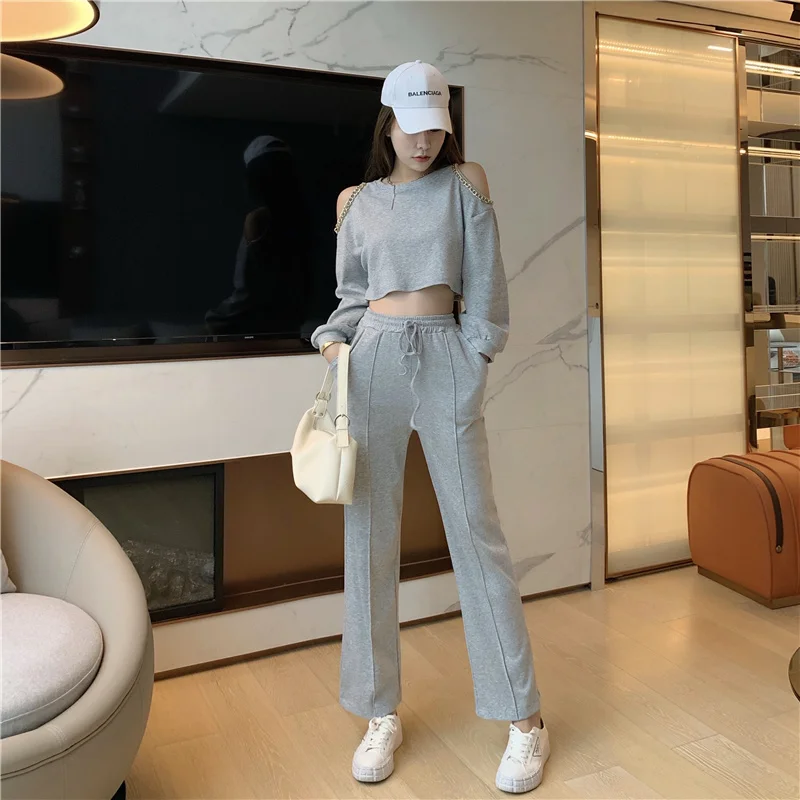 

Solid Tracksuit Women Two Piece Set Summer Clothes Oversize Sweatshirt Top And Wide Leg Pants Female Leisure Outfits
