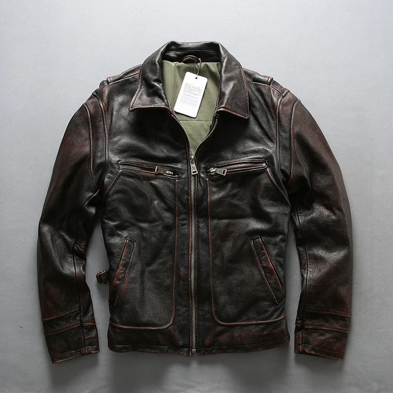 

AVIREX FLY Vintage Motorcycle Biker Slim Fit Turn down Collar Solid Genuine Leather Jacket Men Fashion Coat Male