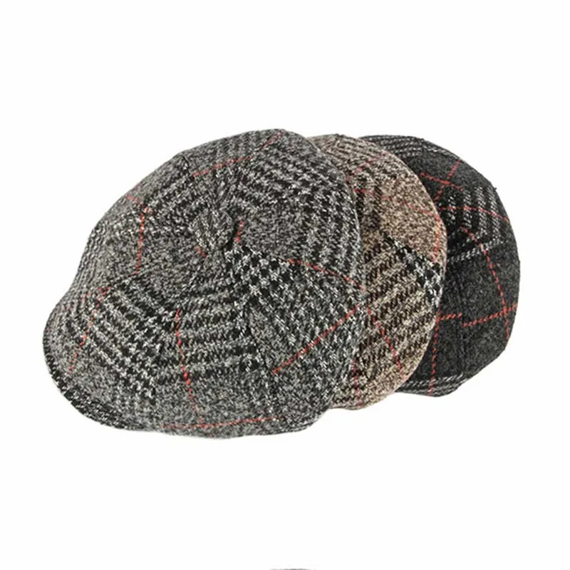 Fibonacci Autumn Winter Wool Beret Men Dad Hat Brand Quality Plaid flatcap vintage newsboy cap