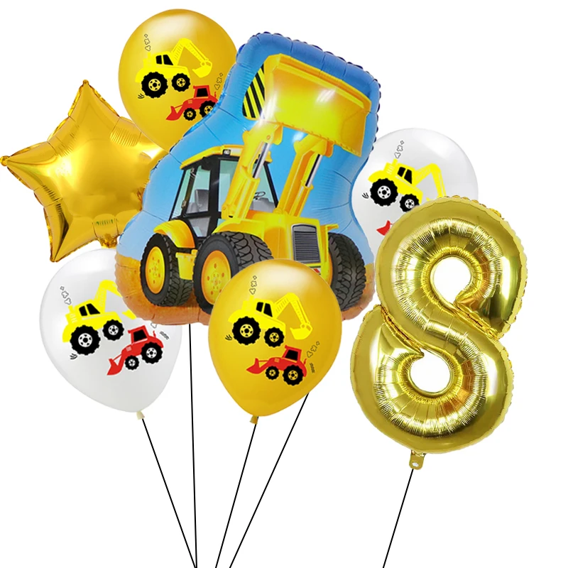 

7pcs/set Excavator Digital balloons Construction Series Foil Number Balloon Kids Gifts Birthday Party DIY Decoration Latex Balls