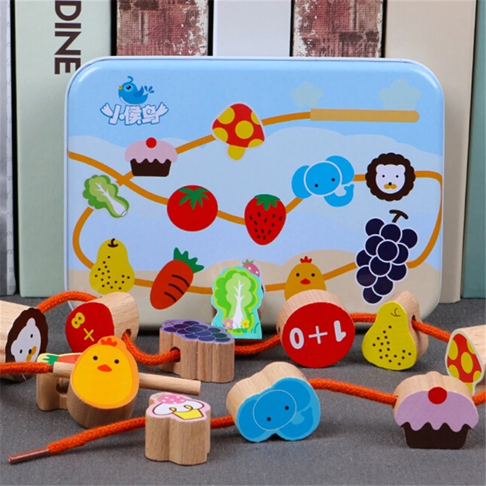 

12Pcs/Set Wooden Cartoon Fruit Animal Lacing Threading Beads Game Educational Children Toy Kids Gift Kids Toys