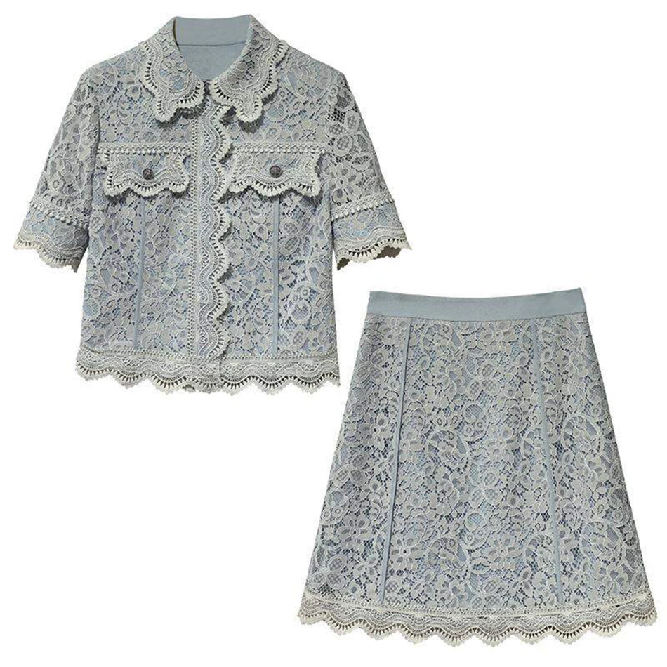 

Free Shipping 2021 Summer Fashion Runway Lace Skirt Set Women's Blue Hollow Shirt Top + High Waist A-line Skirt Two-piece Sets