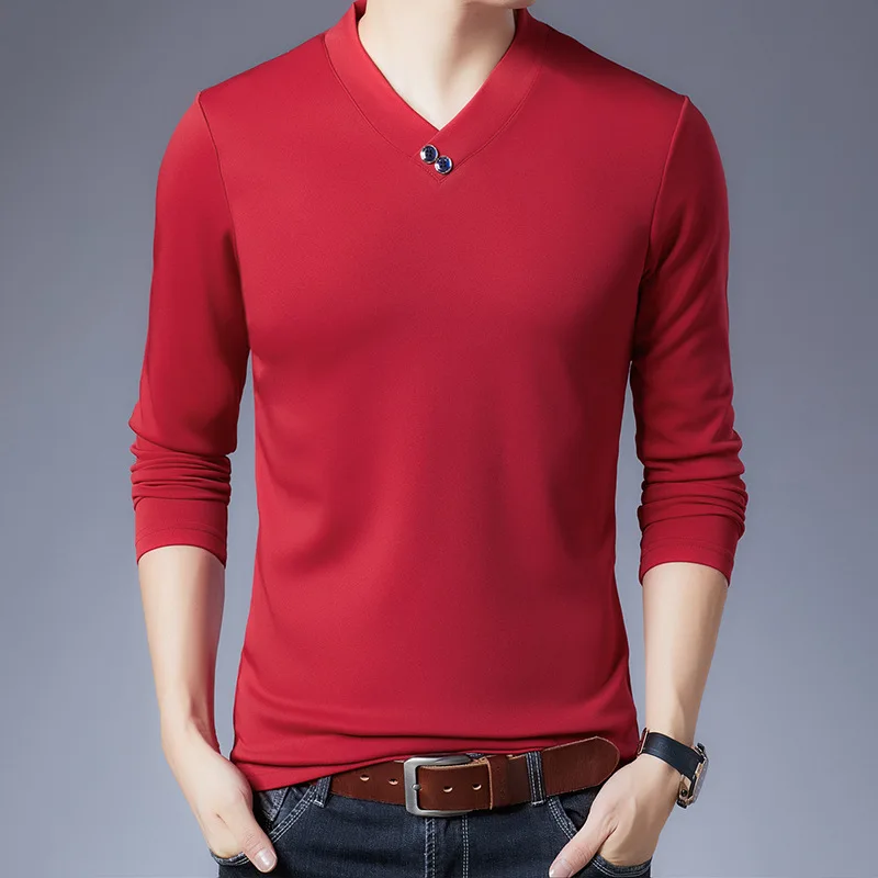 

New SpringAutumn Elastic Slim Basic V Neck Men's T-Shirts Casual Long Sleeve Top Tee Brand Men Clothing Fashion Stretch Sporting