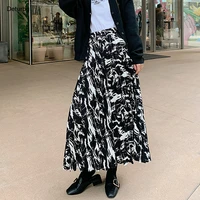 womens elegant black white stripes midi skirt korean fashion high waist pleated flowy a line skirts 2020 fall winter sk963