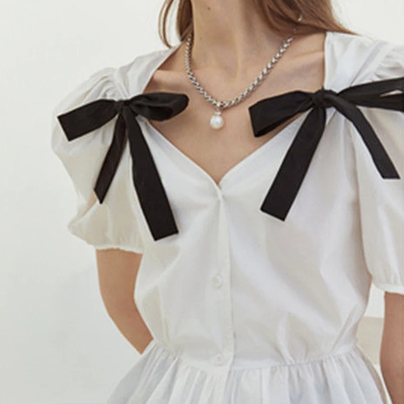 

French Bow Design Sweet Casual Tops Women Short Sleeve Thin Elegant Blouse Office Ladies Korean Fashion Summer Shirts 2021