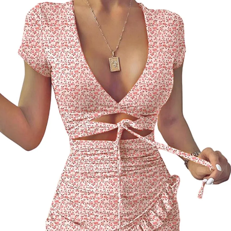 

YICIYA New women's dress Sexy v-neck leaky belly bandage short sleeves Irregular buttocks ruffle skirt Street casual dress