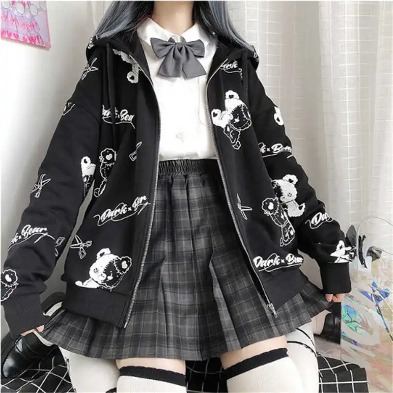 

black Cartoon Bear Hoodie Streetwear Hip Hop Women Gothic Sweatshirts Casual Autumn High Street Hoodies Funny Harajuku Tops Male