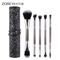 zoreya new style double ended makeup brush 5 makeup brush set sequin zipper cosmetic bag cosmetic gift for women zz5