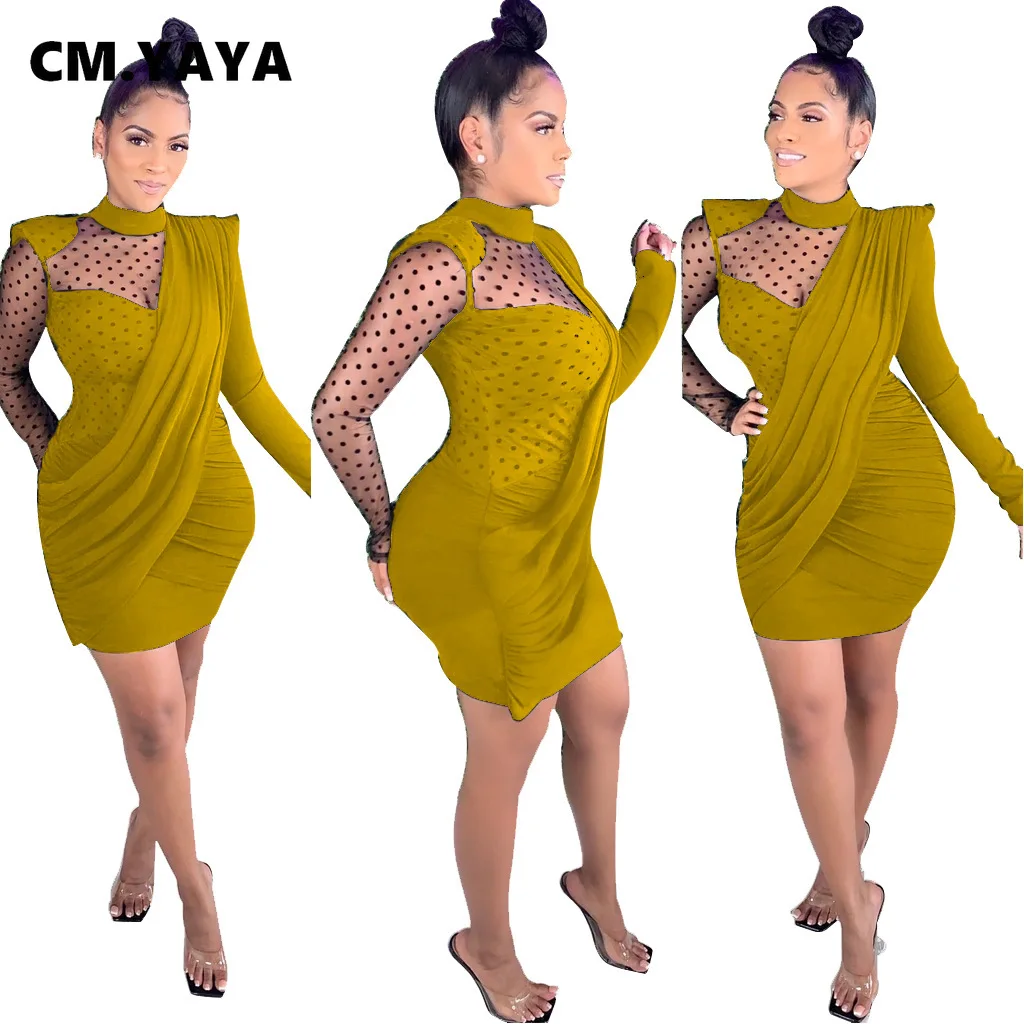 CM.YAYA Women Autumn Mesh See Though Bodycon Midi Dress Long Sleeve Pencil Bandage Drapped Sexy Party Night Club Dresses | Женская