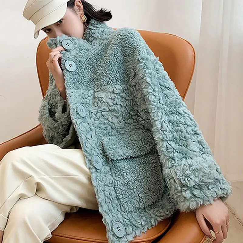 

Faux Sheep Female Shearing Coat Keep Warm With Thick Fur Coat Compound Fur Lambs Wool Coat Collar Pink Shearling Coat