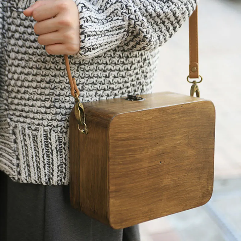 

Original design eco friendly shoulder bag simple wooden bag retro forest art handmade small square handbag female messenger bag