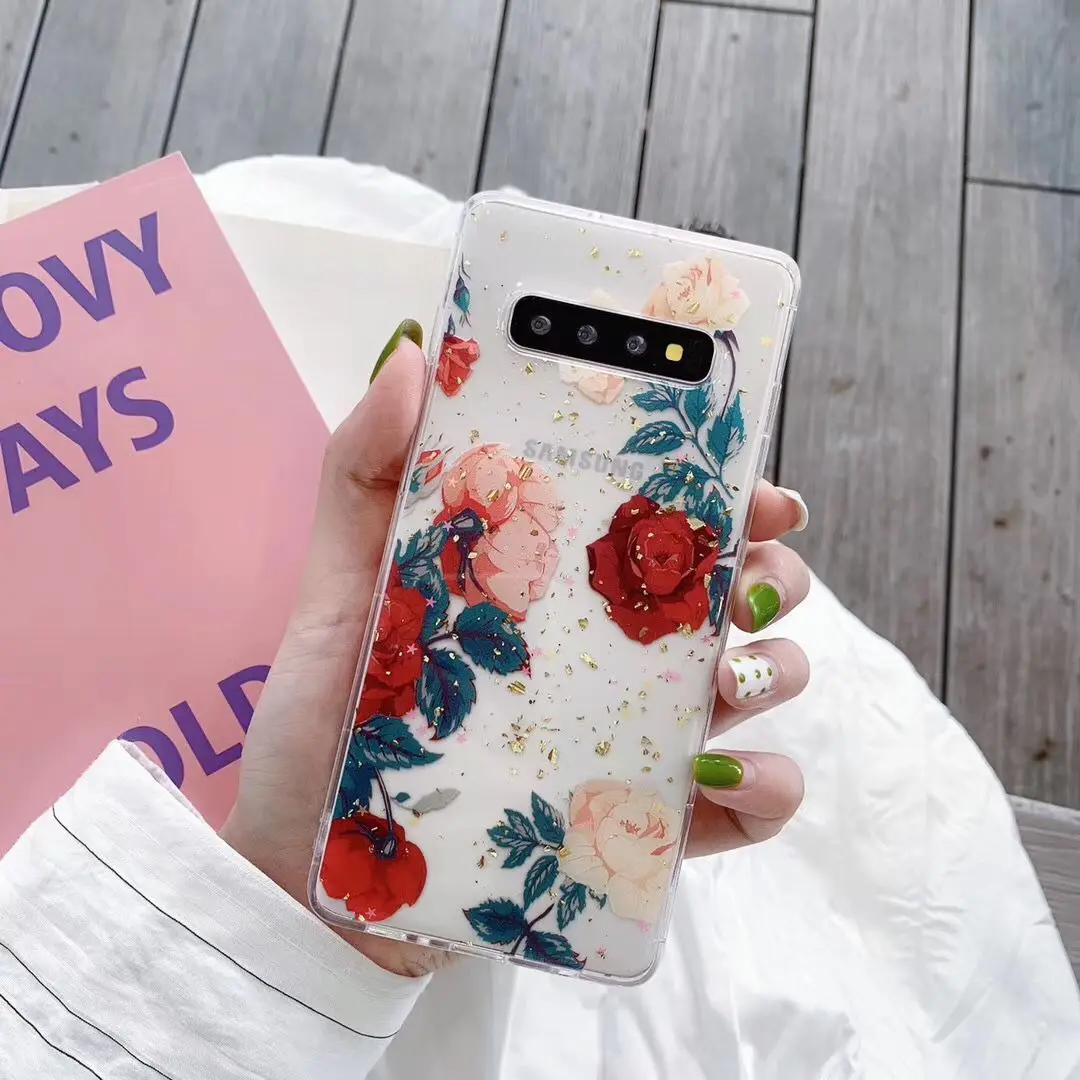 Для iPhone 6 6s 7 8 Plus 10 X XS XR Max Цветочный блеск блестящий золотой фольгой прозрачный