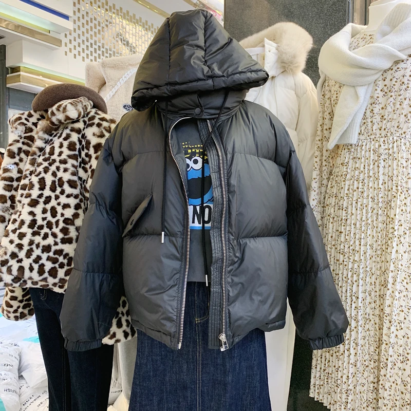 

Korean Women Down Jacket Oversized Loose Hooded Female Puffer Jackets Short Padded Solid Warm Women White Duck Down Coat Winter