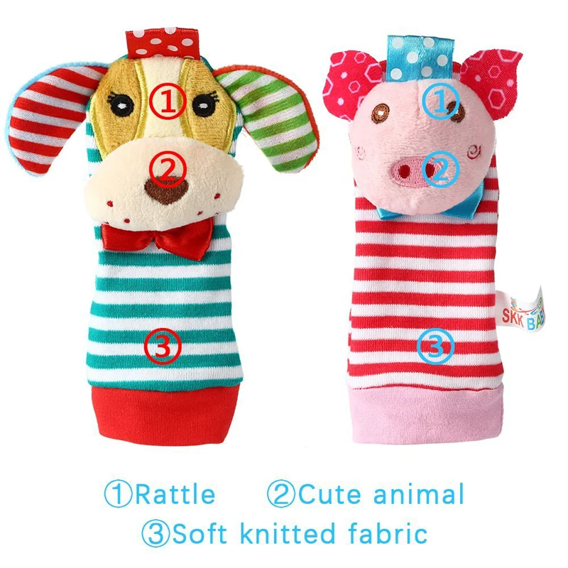 

Baby Rattle Baby Wrist Rattles Foot Finder Socks Toy Set Educational Development Soft Animal Toy Shower Gift Puppy Piggy 2020