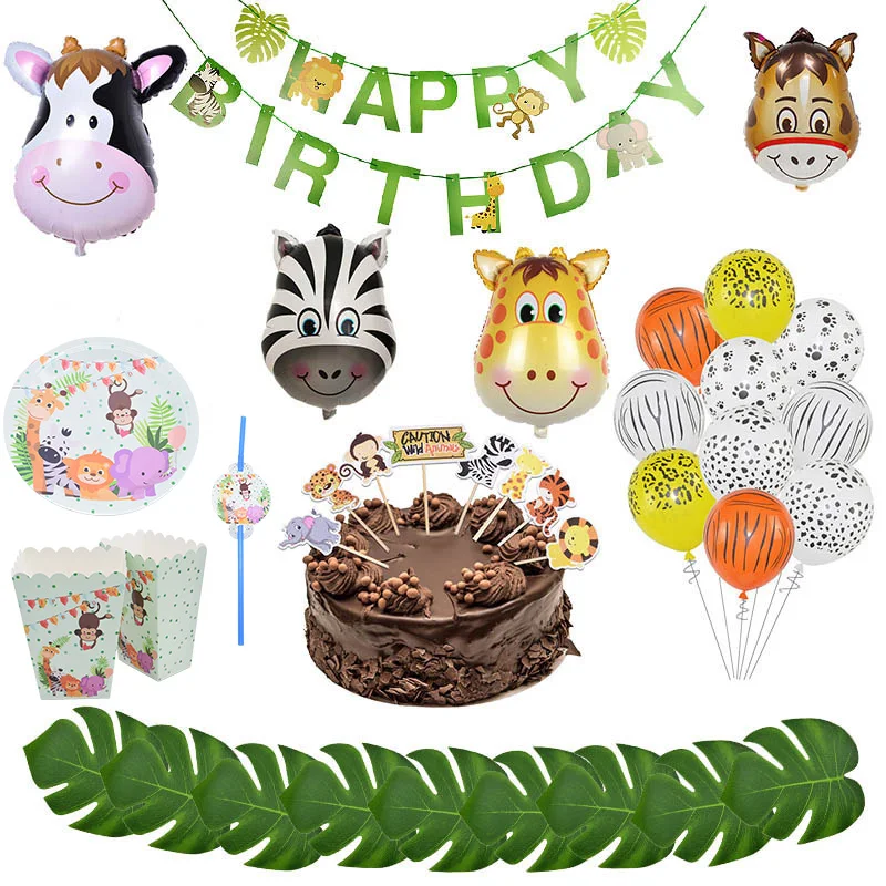 

Baby Shower Jungle Theme Safari Party Happy Birthday Banner Animal Ballons Tableware Birthday Cake Topper Wedding Party Decor