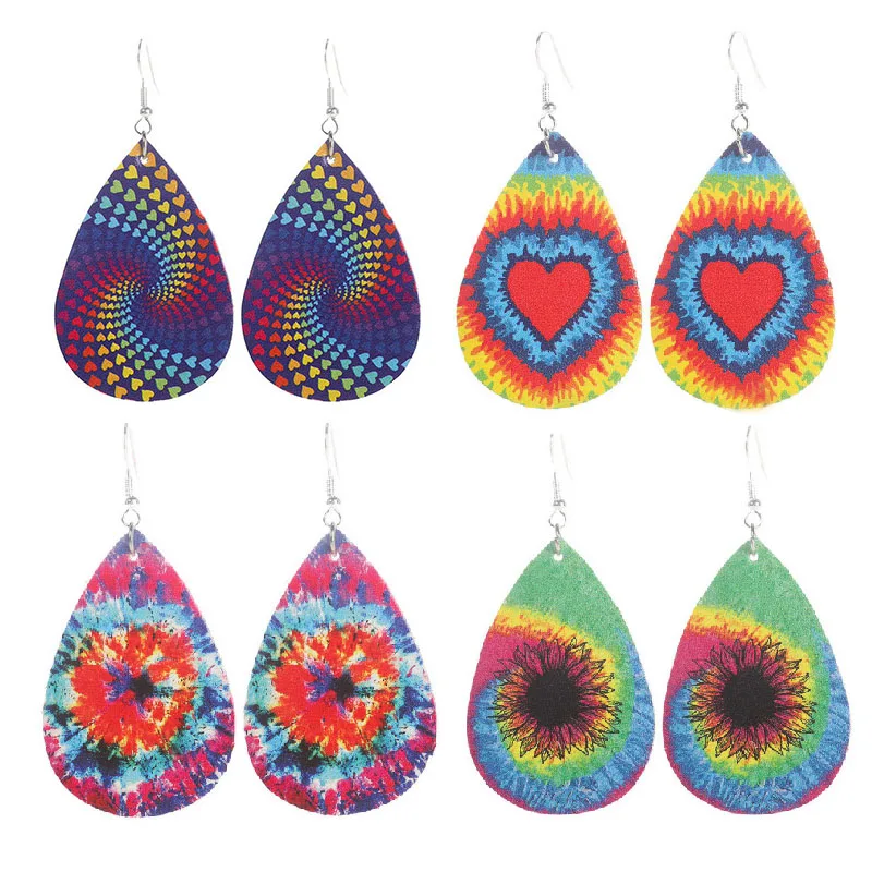 

Faux Leather Tie Dye Spiral Earrings 2020 New Creative Colorful Heart PU Leather Teardrop Earrings Dies Jewelry Wholesale
