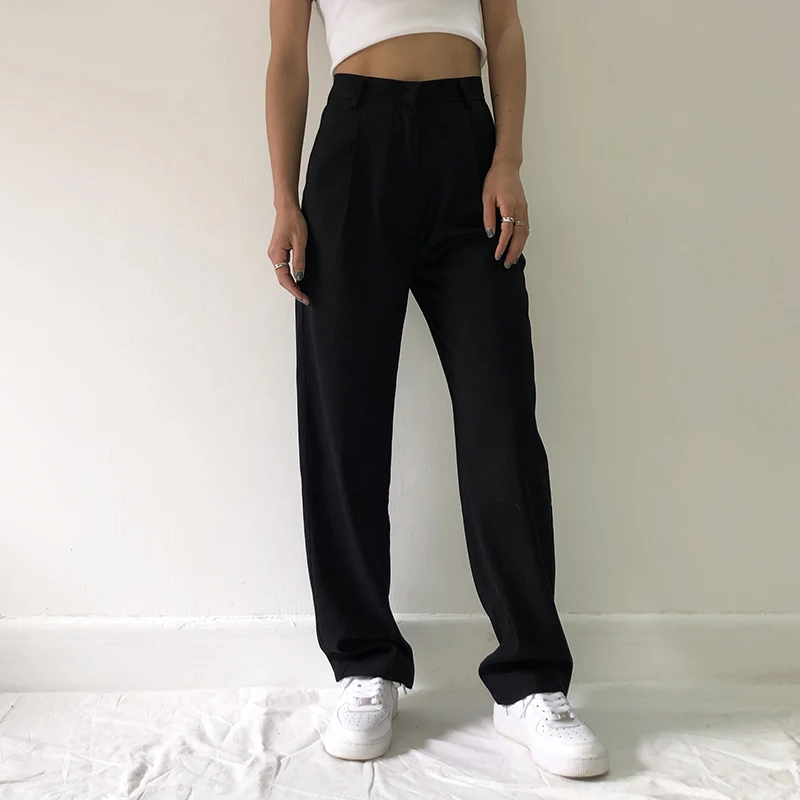 

2020 Fashion Straight Suit Women Pants High Waist Casual Office Lady Pants Full Length Wide Leg Loose Female Black Mom Trousers