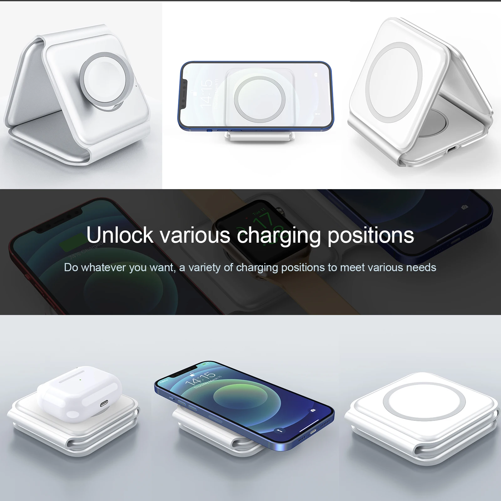 Foldable Wireless Charger Stand For iPhone 14 13 12 Pro Max Mini Apple Watch 3 in 1 Magnetic Charging Station For iWatch AirPods