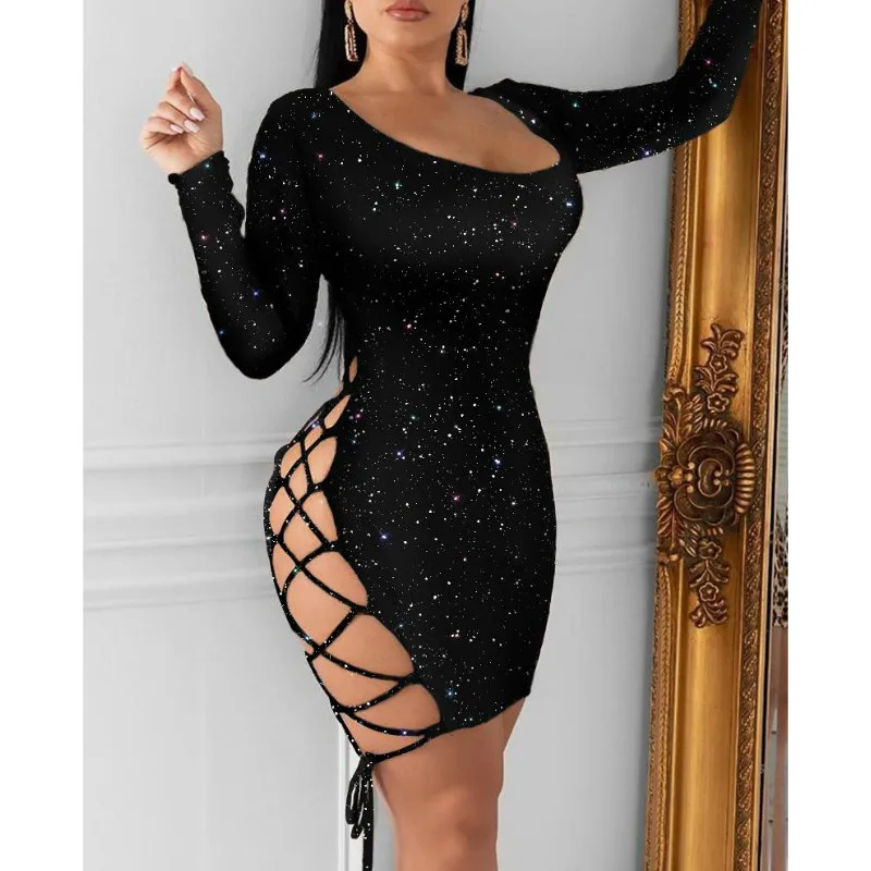 

Sexy Black Long Sleeve Cut Out Mini Dress Women Clubwear Bodycon Bandage Dress
