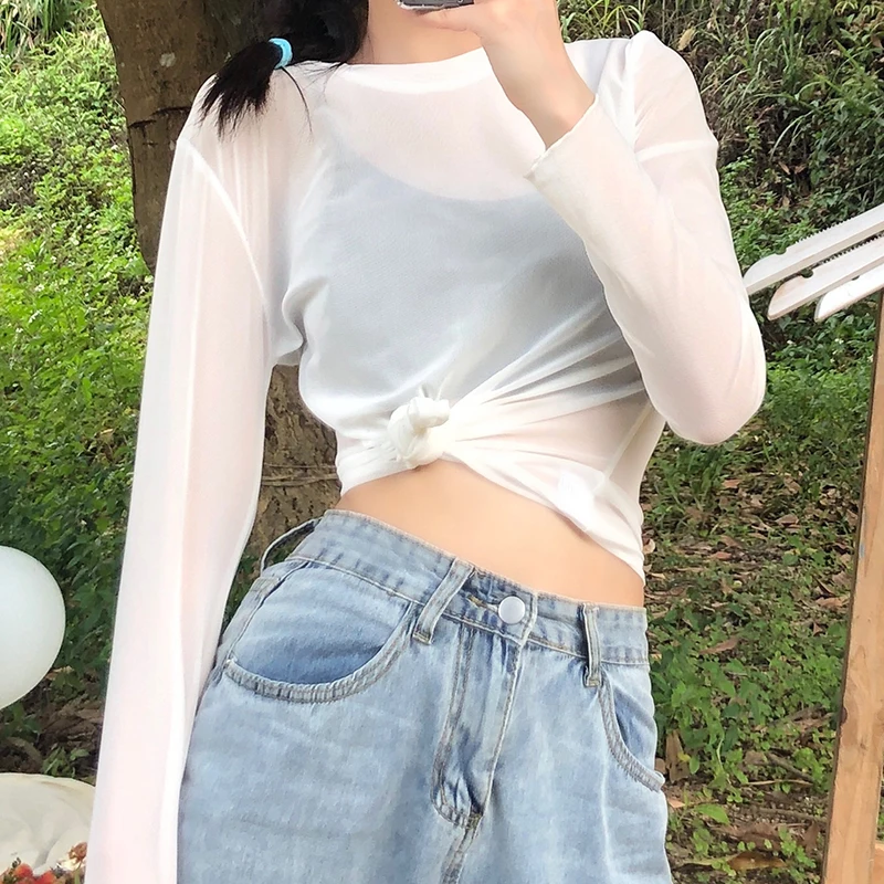 

Sexy Women T Shirt See Through Transparent Mesh Tops Long Sleeve Sheer Slim Ladies Turtleneck T-Shirt