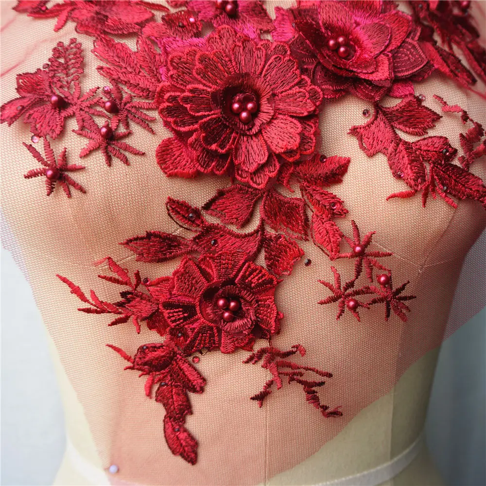 Бордовый кружевной ткани 3D цветок бисер Стразы вышитое свадебное платье