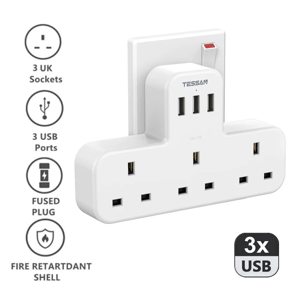 

TESSAN UK Wall Socket Power Extender Adapter with 3 Way Outlets and 3 USB Ports 6 In 1 Wall Charger Power Strip for Home Office