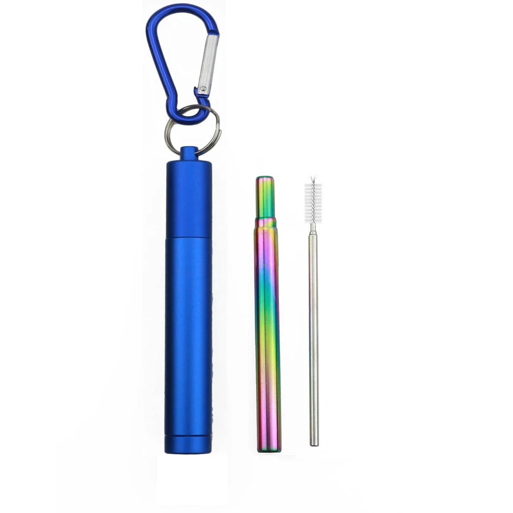 blue rainbow 18/10 Нержавеющая сталь телескопическая Питьевая солома портативная металлическая соломинка для путешествий Складная солома с соломенным ведром и щеткой - Цвет: blue rainbow