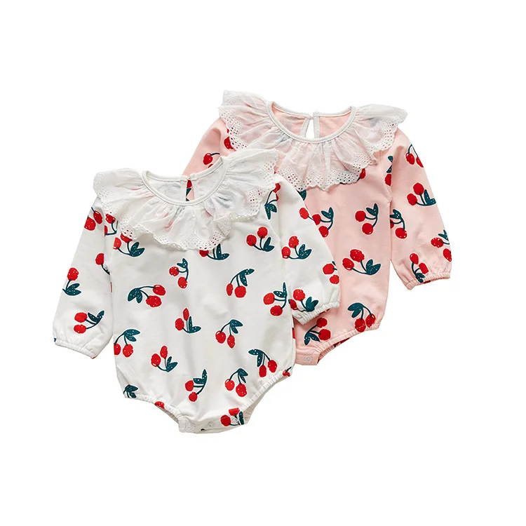 

2019 autumn new baby girls small cherry printing lotus leaf collar cotton long sleeve romper infant romper