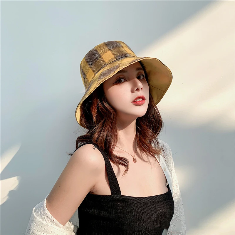 

QJHH 2021 New Korean Fisherman Hat Ladies Hat Double-Sided Plaid Fabric Leisure Foldable Basin Hat Factory Direct Sales