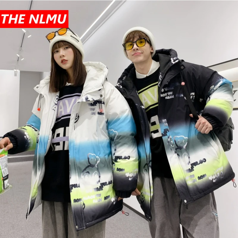 

2021 Winter Hip Hop Jacket Parka Mens Streetwear Gradient Printed Jacket Harajuku Cotton Padded Coat Warm Outwear WQ789