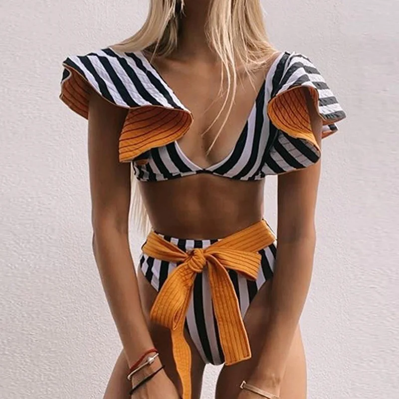 

Women Sexy Floral 2021 Push-Up Bra Ruffles Bikini Set Swimwear Bathing Beachwear Strap High Waist Two-Pieces Swimming